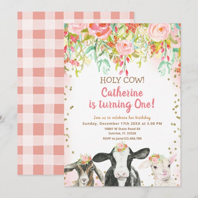 Fille de vache Floral Invitation d'anniversaire (Devant / Derrière)