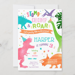 Fille Dinosaur T-rex Invitations de fête d'anniver