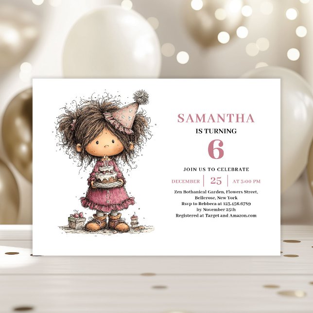 Fille drôle capricieuse Invitation 6ème Anniversai (Whimsy Funny Girl 6th Birthday Invitation Pink)