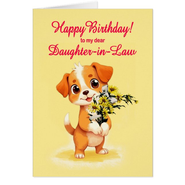 Fille en droit Anniversaire Chiot et Fleurs (Devant)