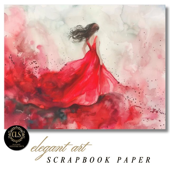 Fille en robe rouge papier scrapbook aquarelle (Scrapbook Paper – Watercolor Girl in Red)