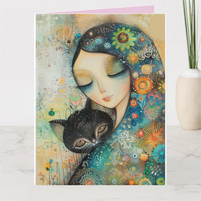 FILLE ET CHAT CARTE DE SALUT D'ANNIVERSAIRE DE L'A (Devant)