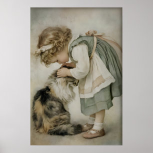 Fille et chat impression antique, Vert sauge rusti