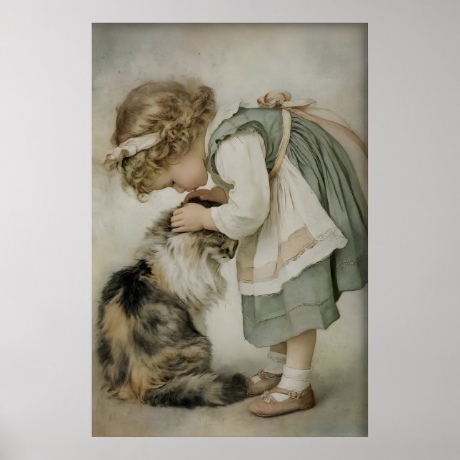 Fille et chat impression antique, Vert sauge rusti (Devant)