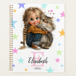Fille et chaton monogramme initiale et nom