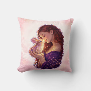 Fille et Lapin Amour Coussin Jeté