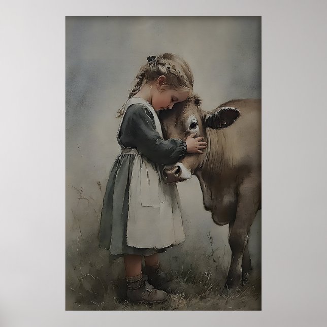 Fille étreint une vache Impression antique, Ferme  (Devant)