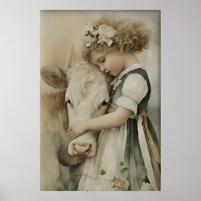 Fille étreint une vache, impression antique, vert  (Devant)