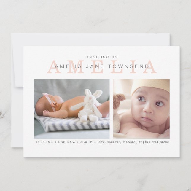 Fille faire-part de naissance - rose et gris (Devant)