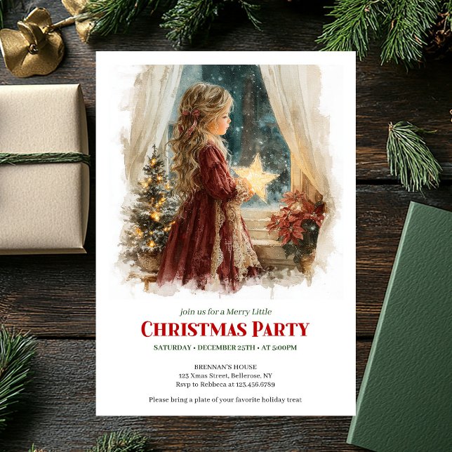 Fille fantaisiste attend le Père Noël invitation d (Whimsical girl awaits Santa editable holiday invite)