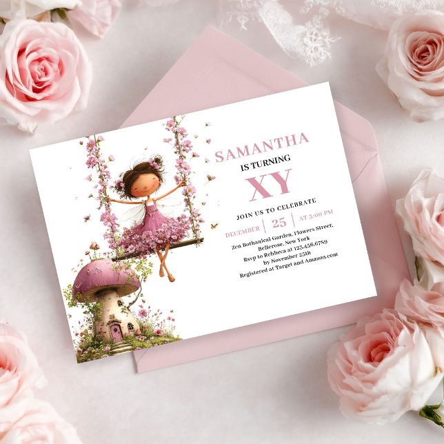Fille Fée Caprice Invitation Rose Pâle Anniversair (Whimsy Fairy Girl Birthday Blush Pink invitation)