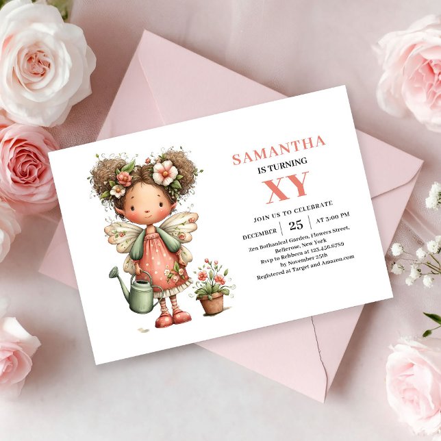 Fille Fée Capriceuse Invitation Anniversaire Rose  (Whimsy Fairy Girl Birthday Pastel Pink invitation)