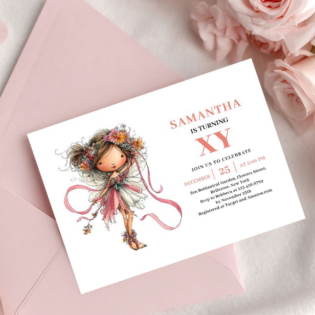 Fille Fée Capricieuse 9e Anniversaire Invitation F (Whimsy Fairy Girl 9th Birthday Floral Pink invitation)
