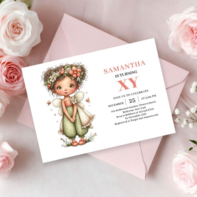 Fille Fée Capricieuse 9e Anniversaire Invitations  (Whimsy Fairy Girl 9th Birthday Pink Magic invitation)