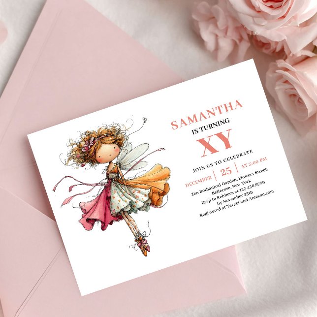 Fille Fée Charmante 5ème Anniversaire Invitation R (Charming Fairy Girl 5th Birthday Blush Pink invitation)