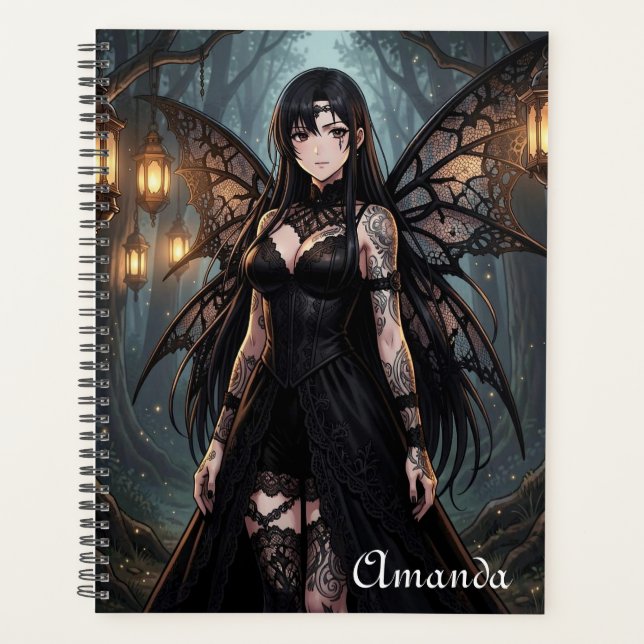 Fille fée d'anime gothique dans une forêt enchanté (Devant)
