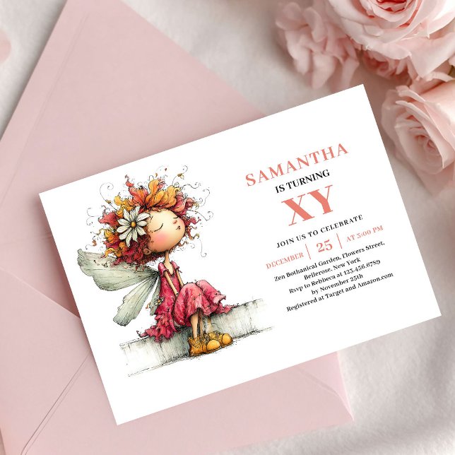 Fille fée enchantée Invitation d'anniversaire fleu (Enchanted Fairy Girl Birthday Pink Floral invitation)
