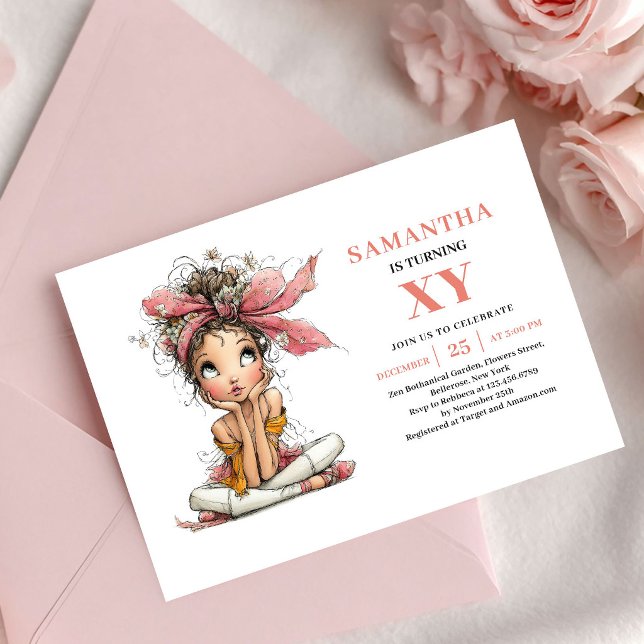 Fille fée lumineuse Invitation florale rose pour a (Glowing Fairy Girl Birthday Floral Pink invitation)