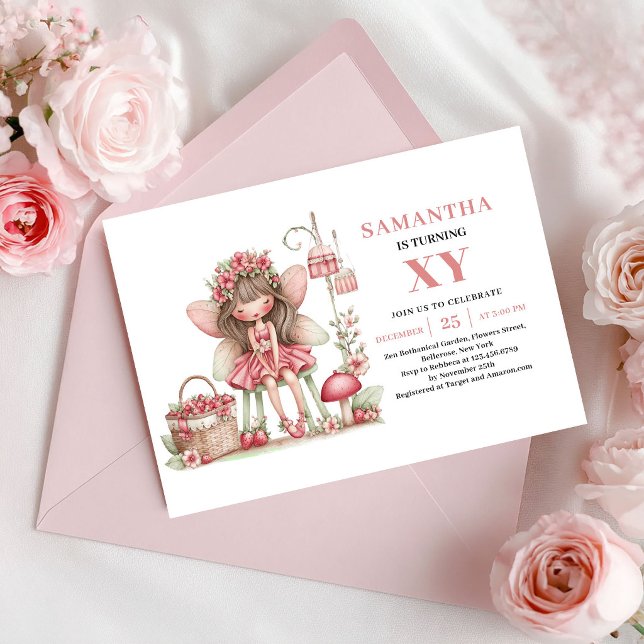 Fille Fée Mignonne Cartes d'Invitation Fleuries Ro (Cute Fairy Girl 5th Birthday Floral Pink Invitation)