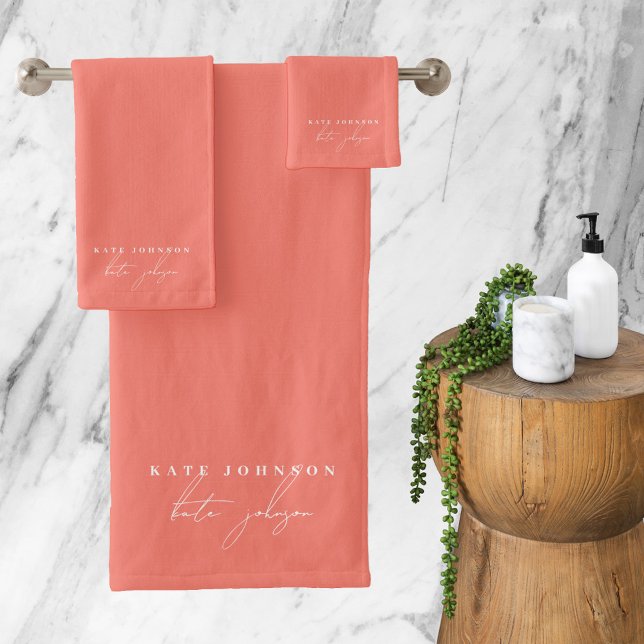 Fille Feminine Coral Signature Script Monogramme (Feminine Girly Coral Signature Script Monogram Bath Towel Set)