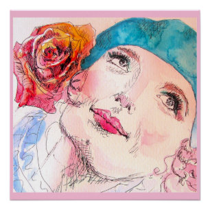 Fille Femme Rose Aquarelle Béret Aqua Rose Affiche
