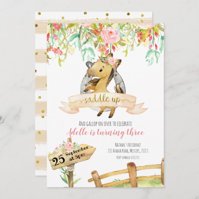 Fille Floral Cheval Saddup Anniversaire Invitation (Devant / Derrière)