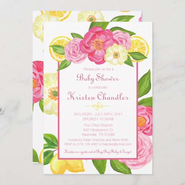 Fille Floral Garden Baby shower citron Invitation (Devant / Derrière)
