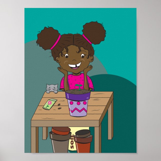 Fille heureuse regardant son affiche de semis (Devant)