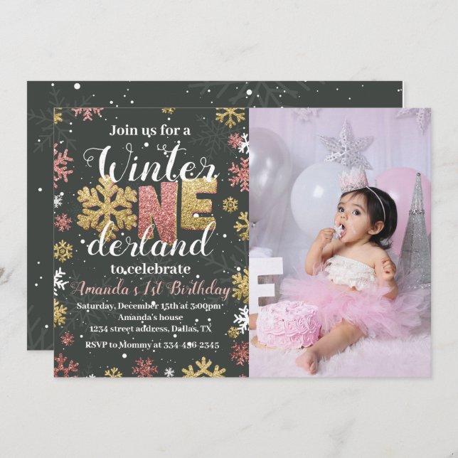 Fille Hiver Onederland Anniversaire Invitation Pho (Devant / Derrière)