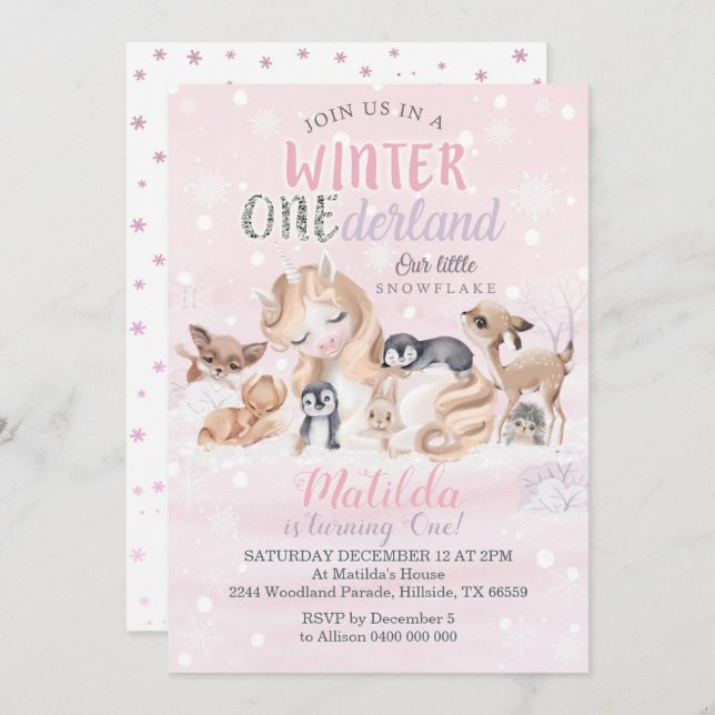 Fille Hiver Onederland Invitation Fléaux de neige (Devant / Derrière)