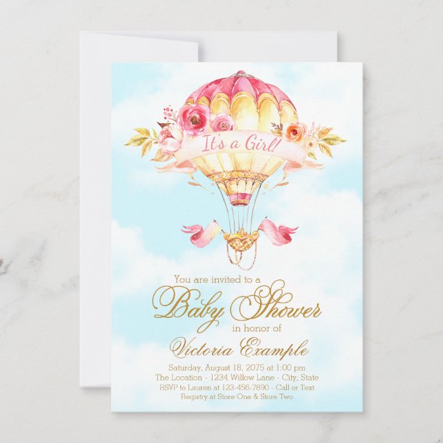 Fille Hot Air Balloon Baby Shower Invitations (Devant)