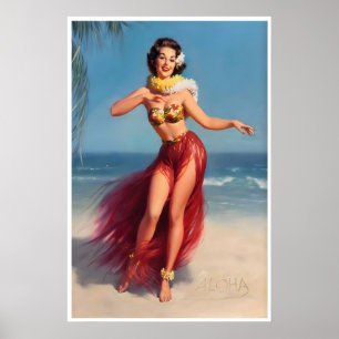 Fille Hula Hawaïenne Impression Pin-Up Art Vintage