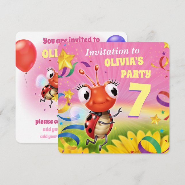 Fille invitation de fête d'anniversaire de 7 ans (Devant / Derrière)