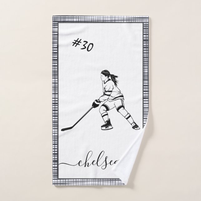 Fille jouant au hockey sur glace Nom et numéro du  (Serviette à main)