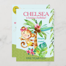 Fille Joyeux Singe Bleu Anniversaire Invitation