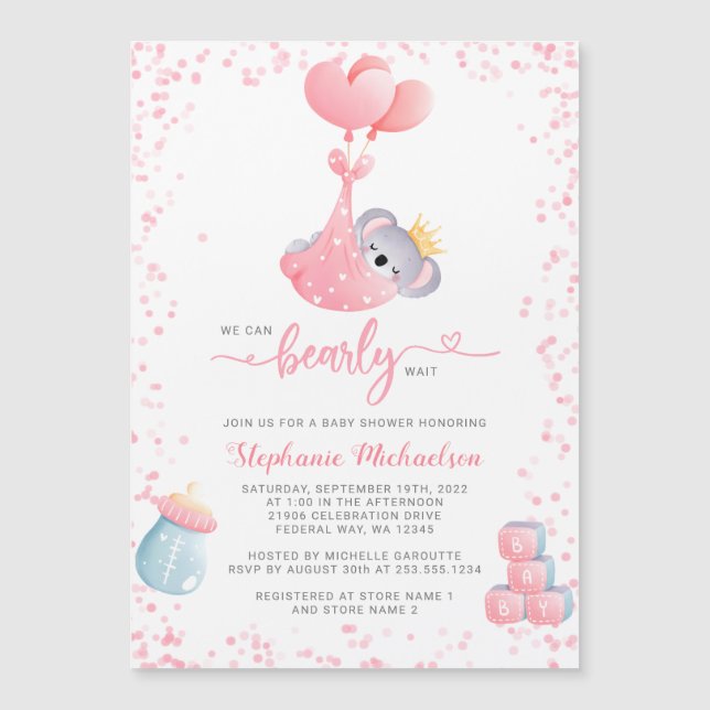 Fille Koala Oear Baby shower Aimant d'invitation (Devant)