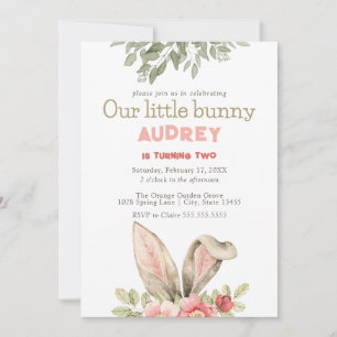 Fille Lapin Rose Floral Invitation Anniversaire