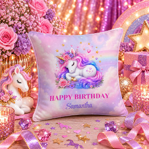 Fille Licorne Rêveuse Fête d'Anniversaire Coussin