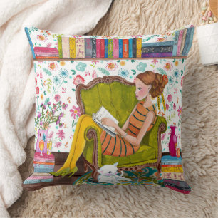 Fille lisant avec chat Coussin de jet en coton