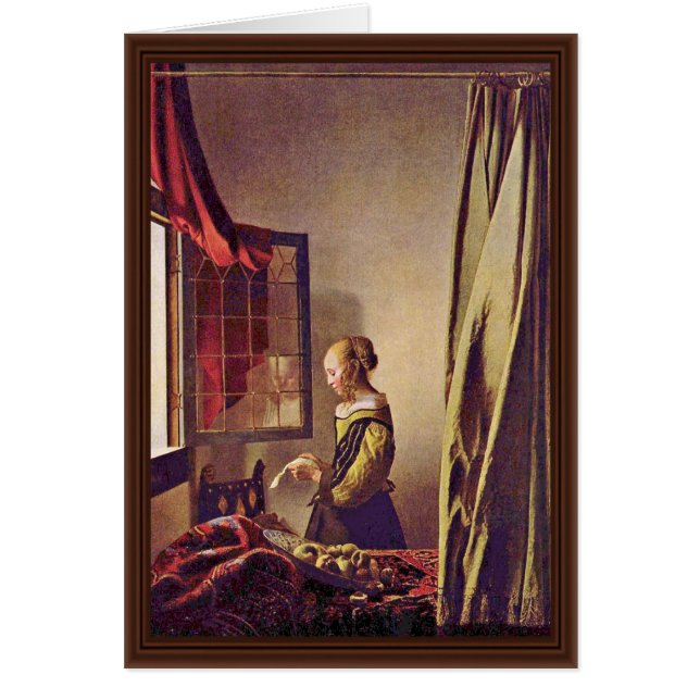 Fille lisant une lettre à une fenêtre ouverte, par (Devant)