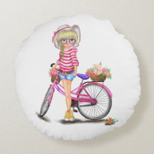 Fille mignonne avec Coussin rond Vélo rose