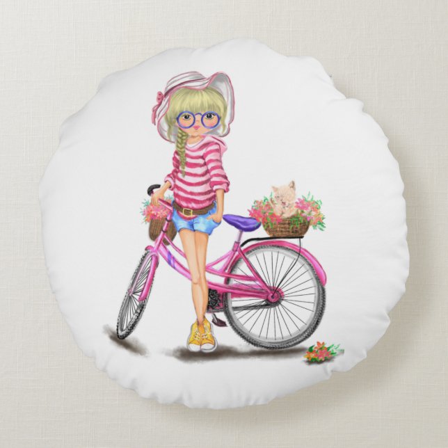 Fille mignonne avec Coussin rond Vélo rose (Dos)