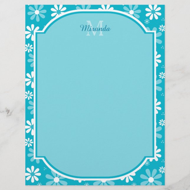Fille Monogramme Turquoise Daisy Fleurs Avec Nom (Devant)