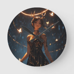 Fille mystique au cerf Horloge ronde