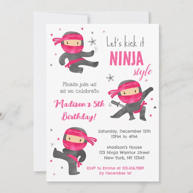 Fille Ninja Karate Invitations de fête d'anniversa (Devant)