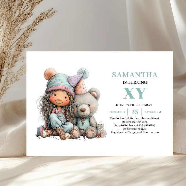 Fille originale 4e anniversaire Invitations fantai (Quirky Girl 4th Birthday Whimsical Pastel invitation)