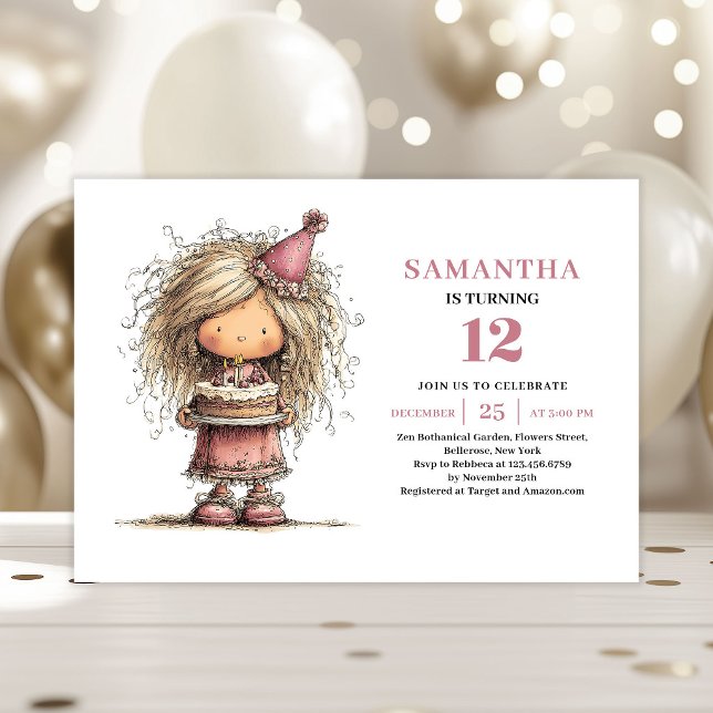 Fille originale Invitation Anniversaire Rose Pouss (Quirky Girl Birthday Invite Dusty Pink Printable Card)