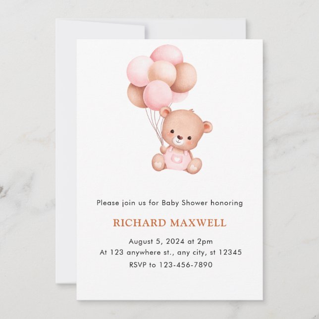 Fille Ours avec ballons Baby shower Invitation (Devant)