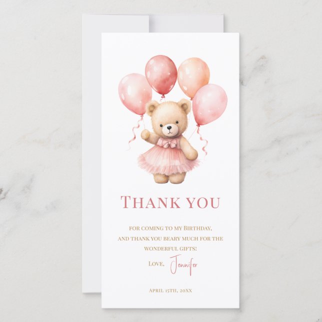 Fille Ourson Aquarelle 1er Anniversaire Merci  (Devant)