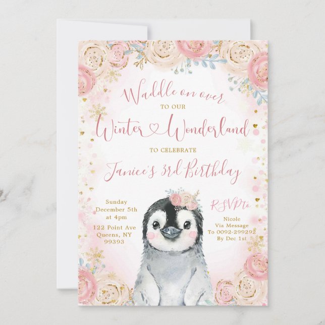 Fille Penguin Hiver Flocon de neige Invitation Ann (Devant)